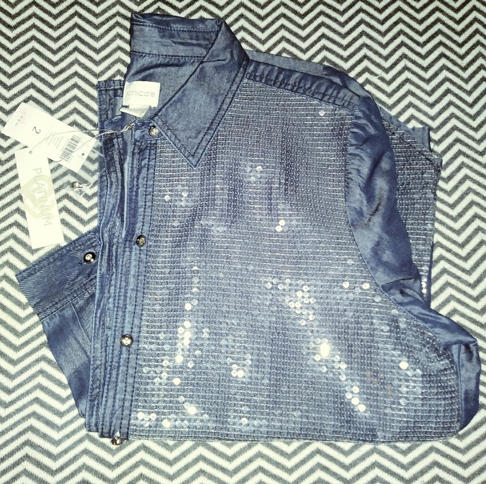 Chico's Sequin Denim Tabitha ll Top LS Venice Wash